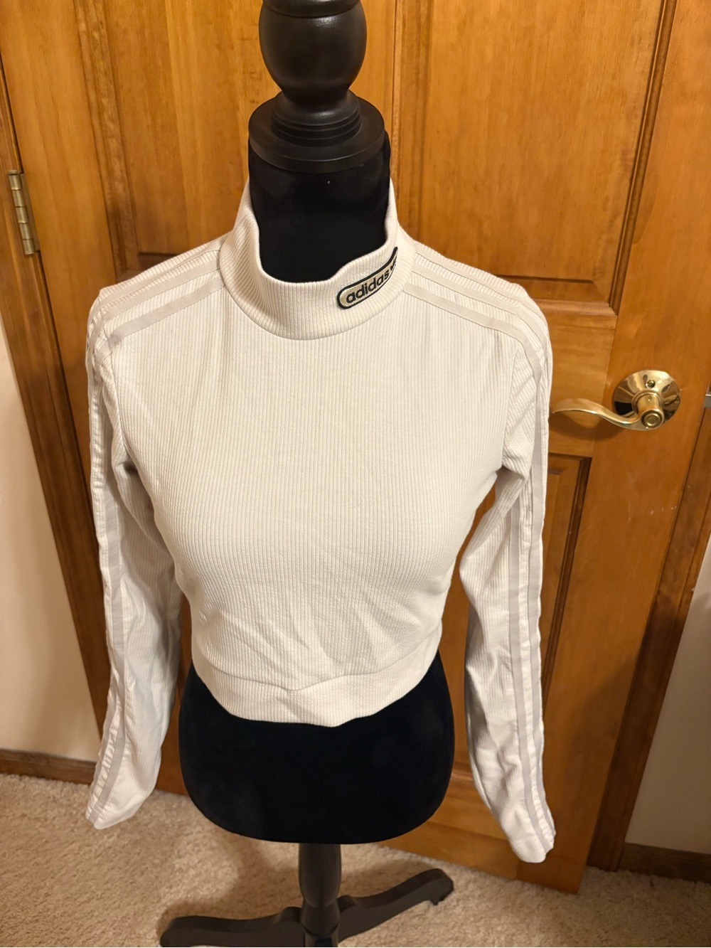adidas White Ribbed Mock Neck Long-Sleeve Crop Top